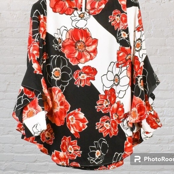 Alfani Black Red Floral Print Blouse Women’s 3X Long Sleeve Split Cuff Top - Picture 3 of 12